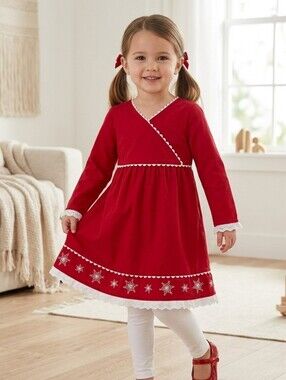 Hanna Andersson Red Corduroy Faux Wrap Dress with Lace/Embroidery Size 4